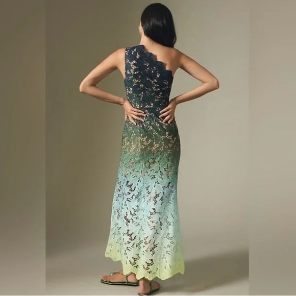Anthropologie Eliatt Green/Blue Ombre One-Shoulder Sheer Lace Side-Slit Dress - Picture 10 of 10
